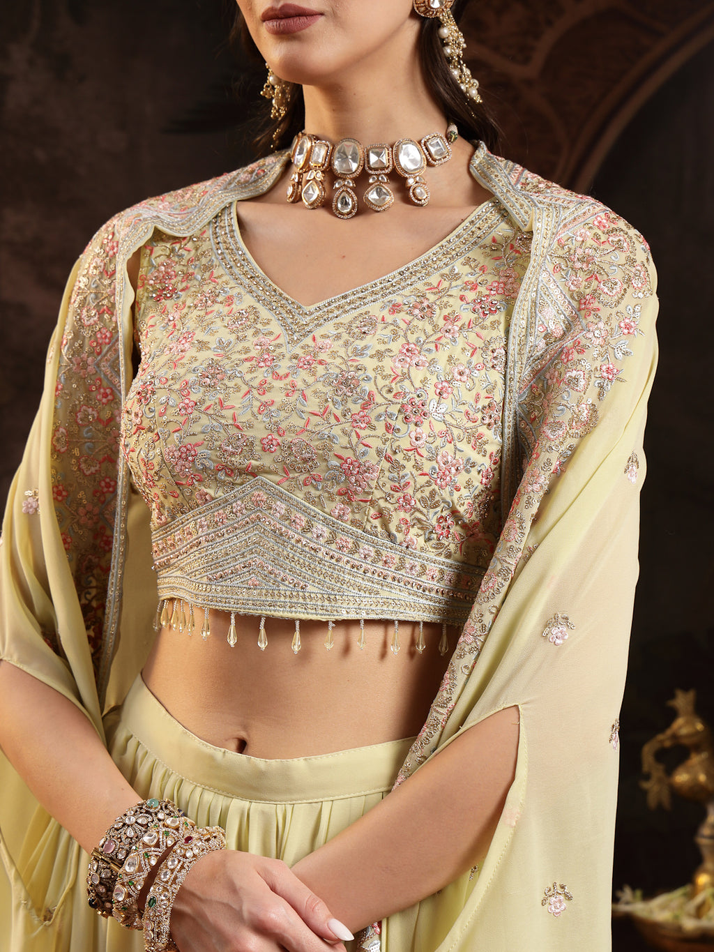 Women's Lime Green Solid & Embroidered Georgette Co-Ord Set