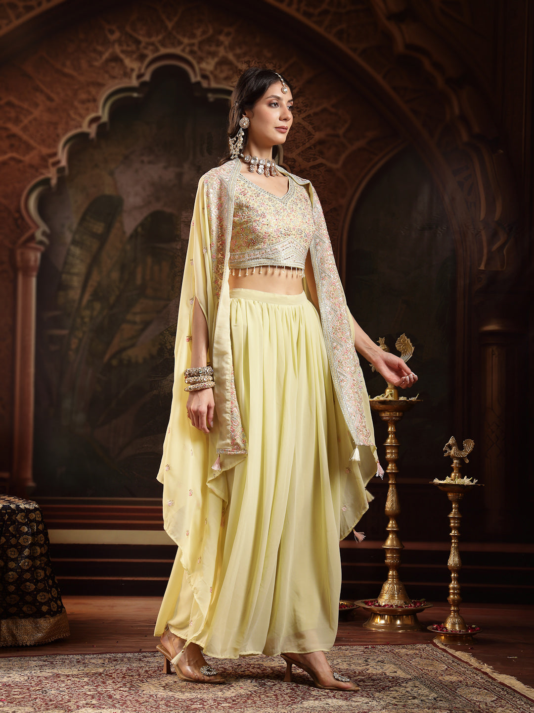 Women's Lime Green Solid & Embroidered Georgette Co-Ord Set