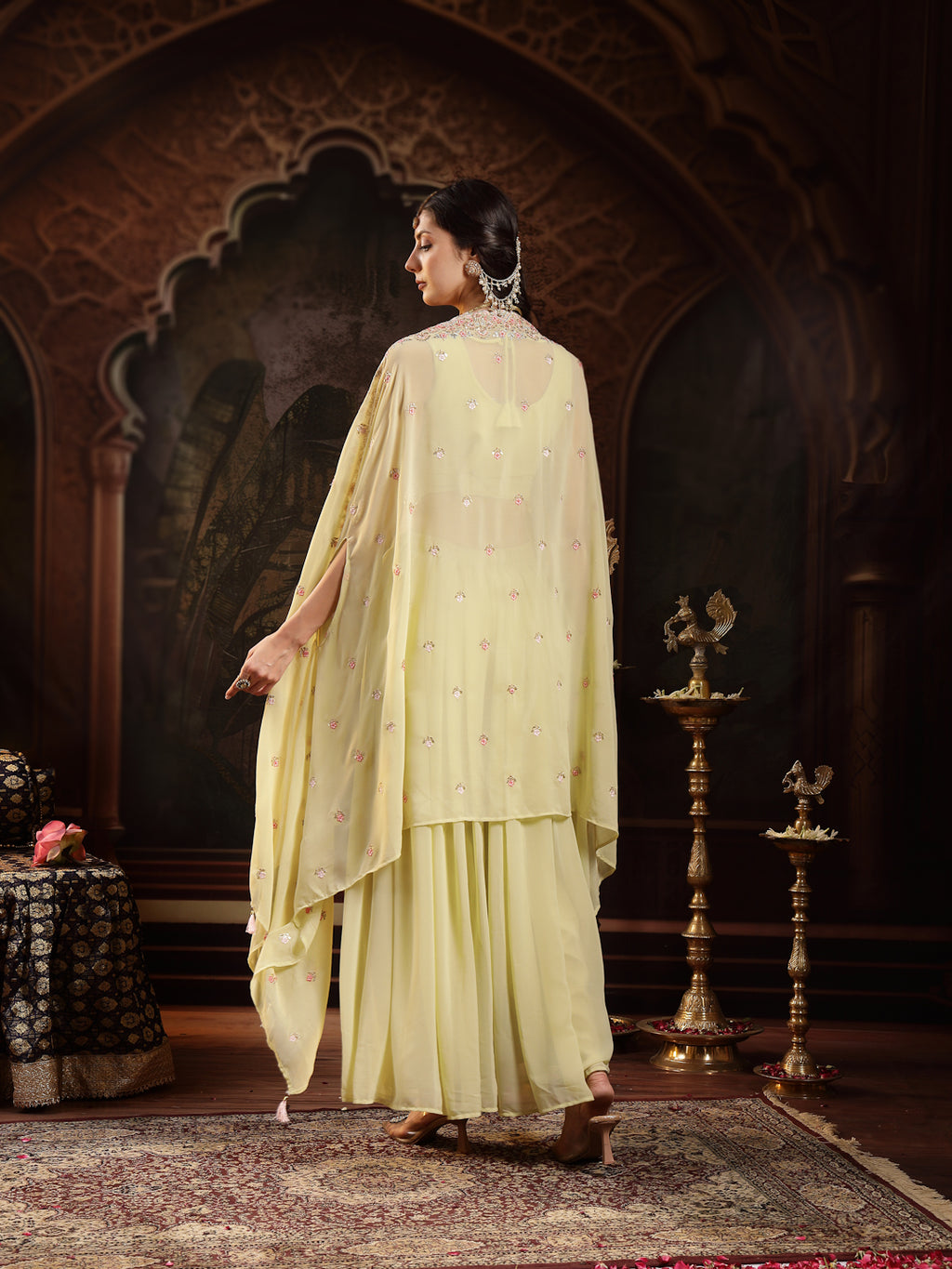Women's Lime Green Solid & Embroidered Georgette Co-Ord Set