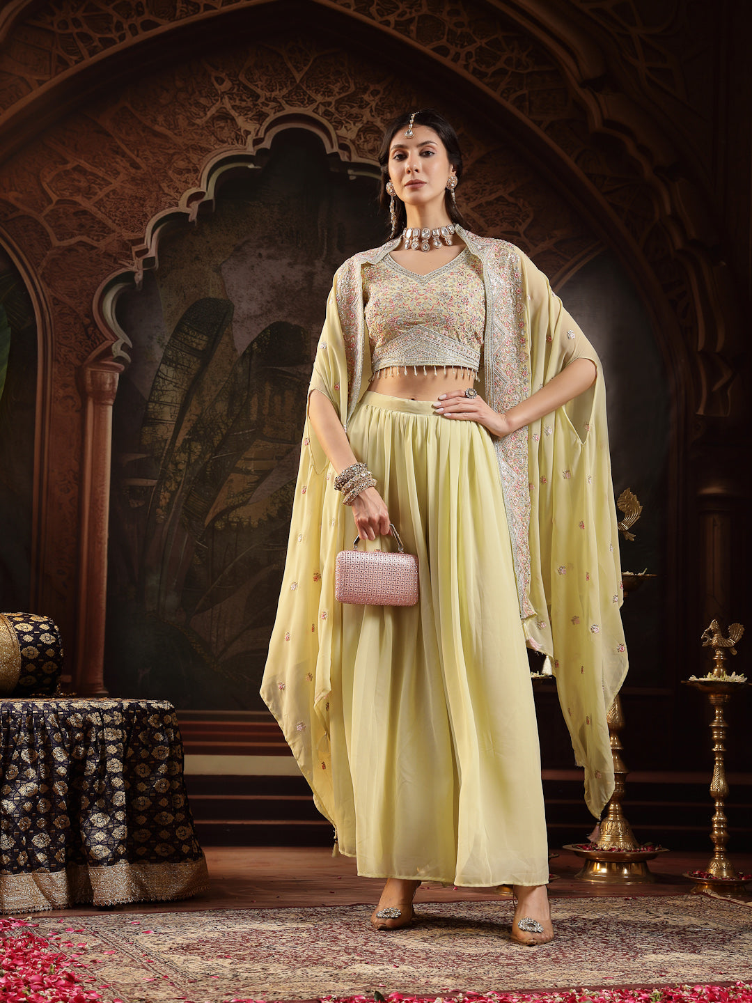 Women's Lime Green Solid & Embroidered Georgette Co-Ord Set