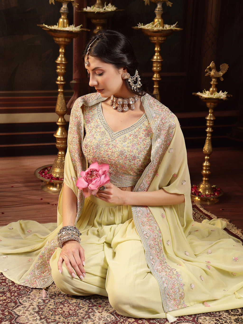 Women's Lime Green Solid & Embroidered Georgette Co-Ord Set