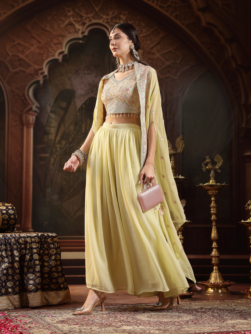Women's Lime Green Solid & Embroidered Georgette Co-Ord Set