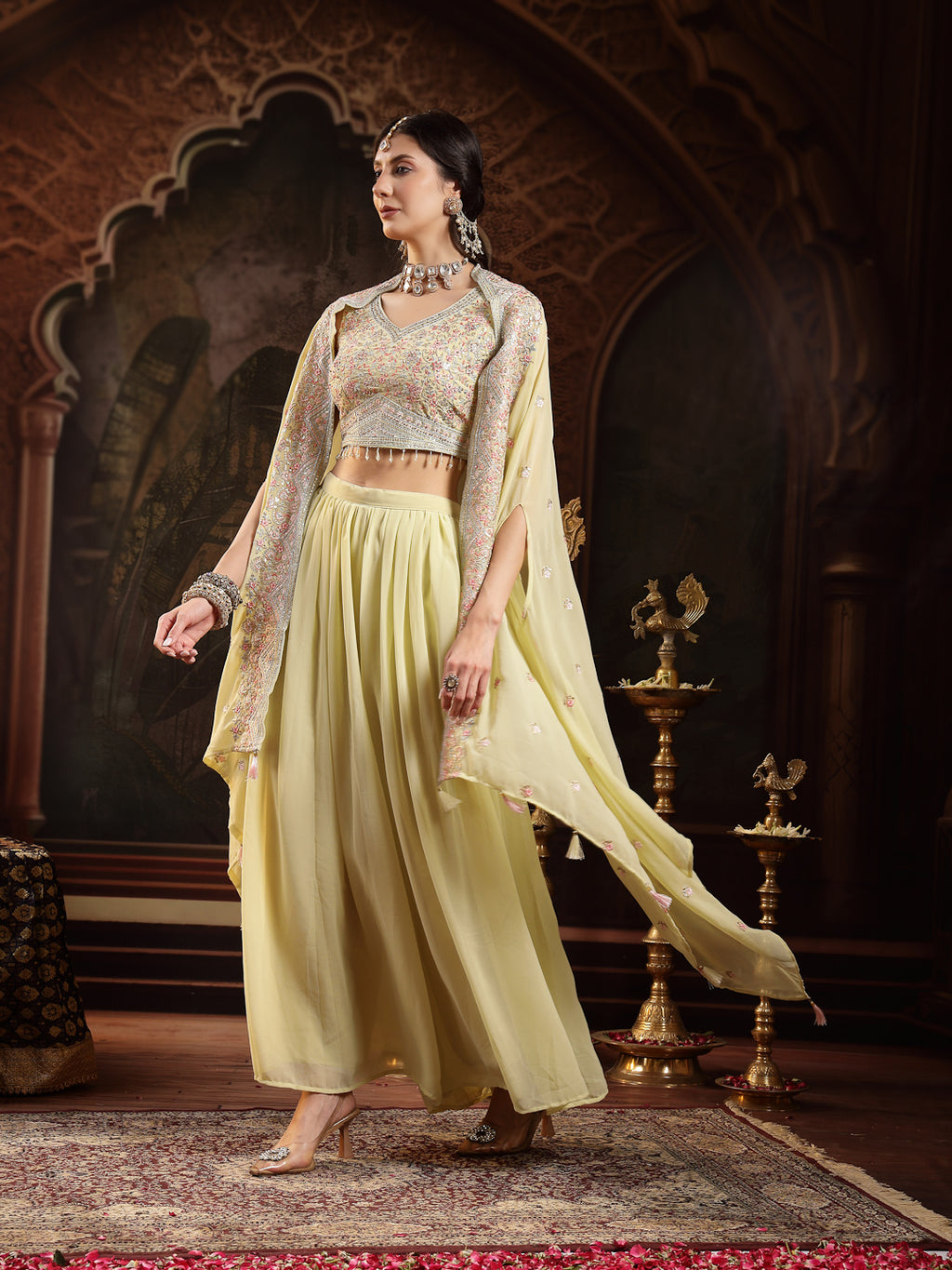 Women's Lime Green Solid & Embroidered Georgette Co-Ord Set