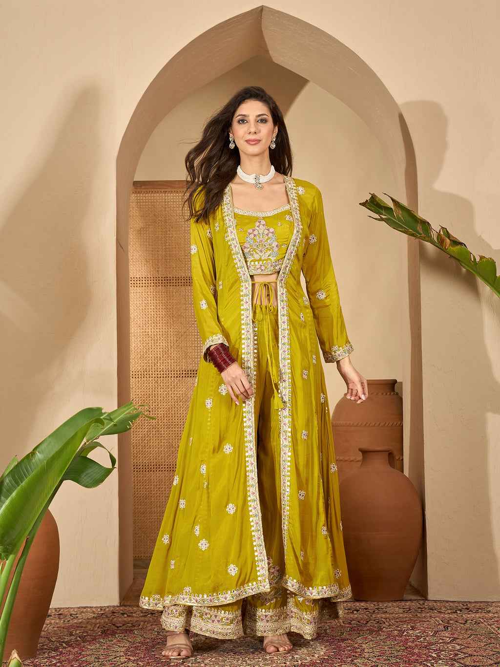 Women's Mustard Solid & Embroidered Chinon Co-Ord Set