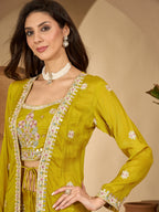 Women's Mustard Solid & Embroidered Chinon Co-Ord Set