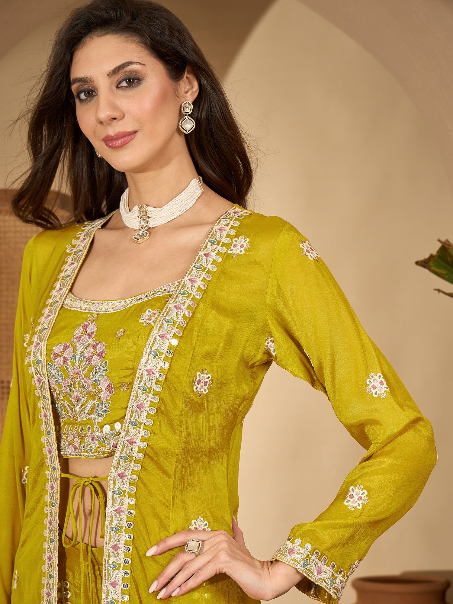 Women's Mustard Solid & Embroidered Chinon Co-Ord Set