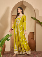 Women's Mustard Solid & Embroidered Chinon Co-Ord Set