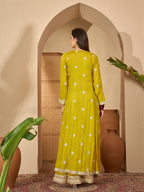 Women's Mustard Solid & Embroidered Chinon Co-Ord Set