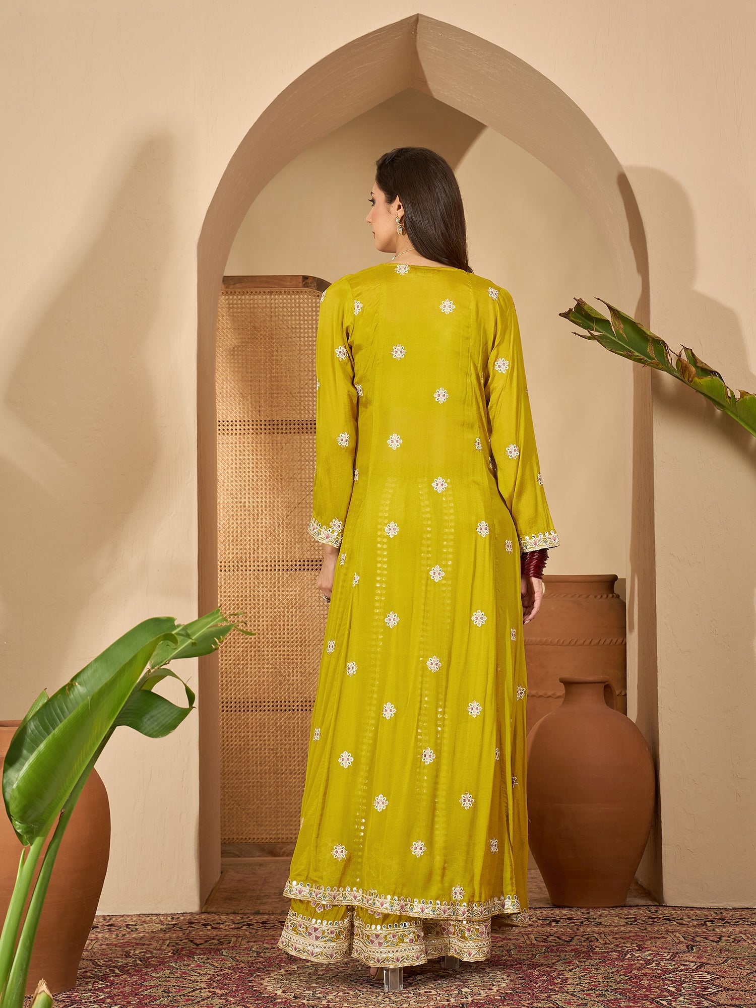 Women's Mustard Solid & Embroidered Chinon Co-Ord Set