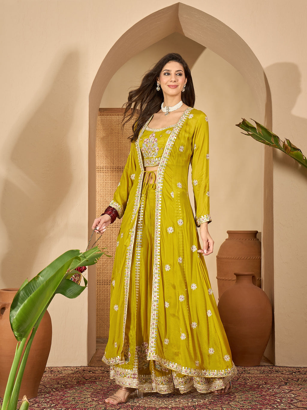 Women's Mustard Solid & Embroidered Chinon Co-Ord Set