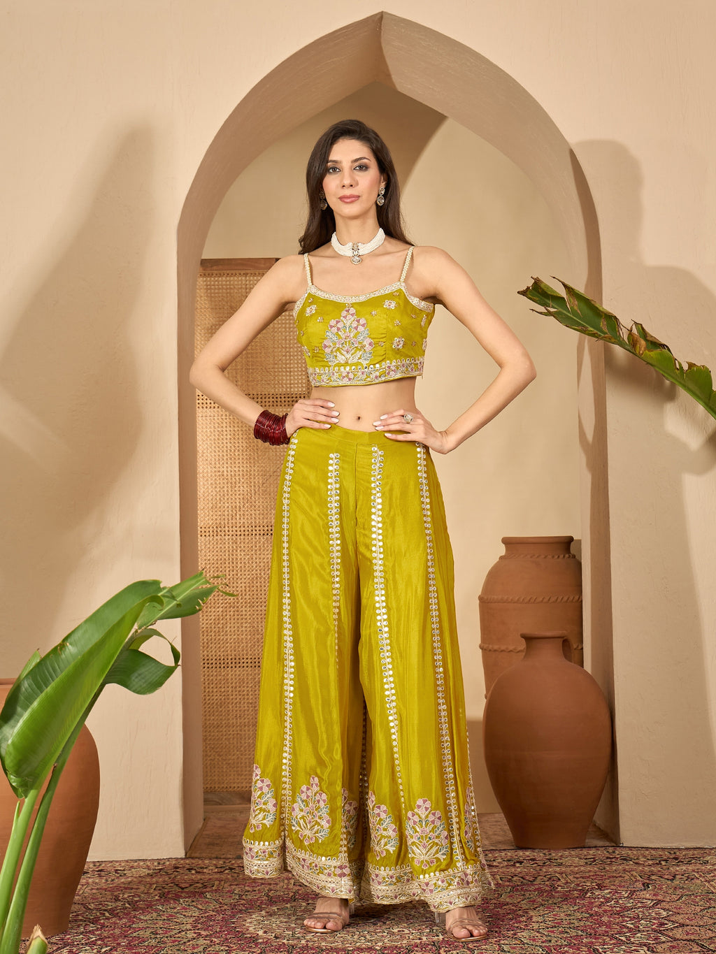 Women's Mustard Solid & Embroidered Chinon Co-Ord Set