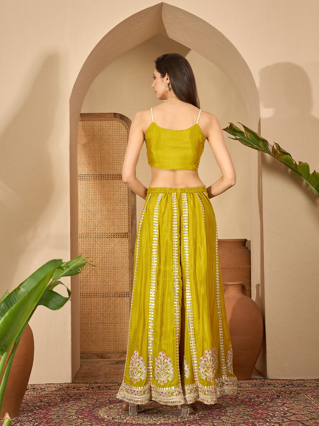 Women's Mustard Solid & Embroidered Chinon Co-Ord Set
