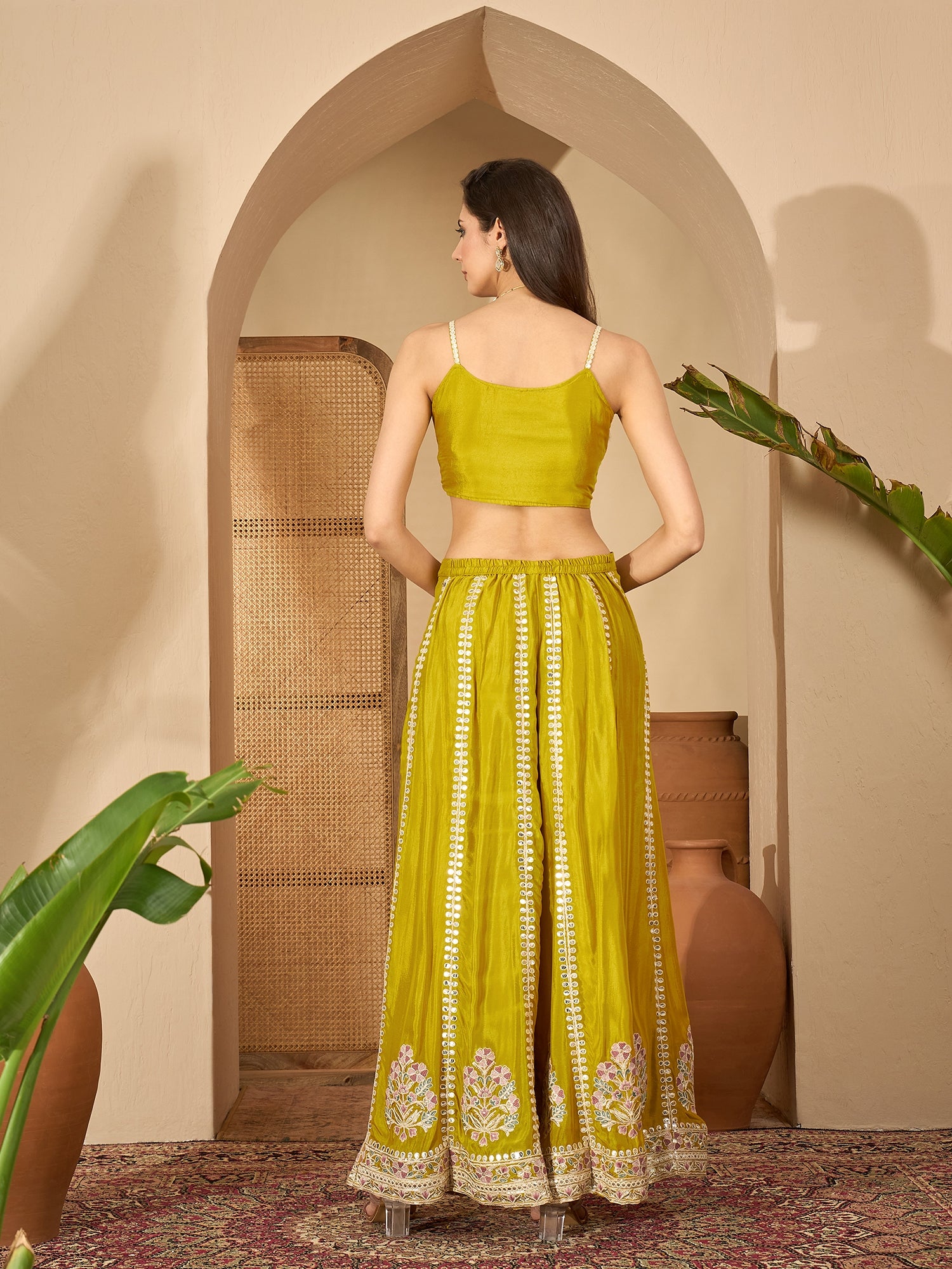 Women's Mustard Solid & Embroidered Chinon Co-Ord Set