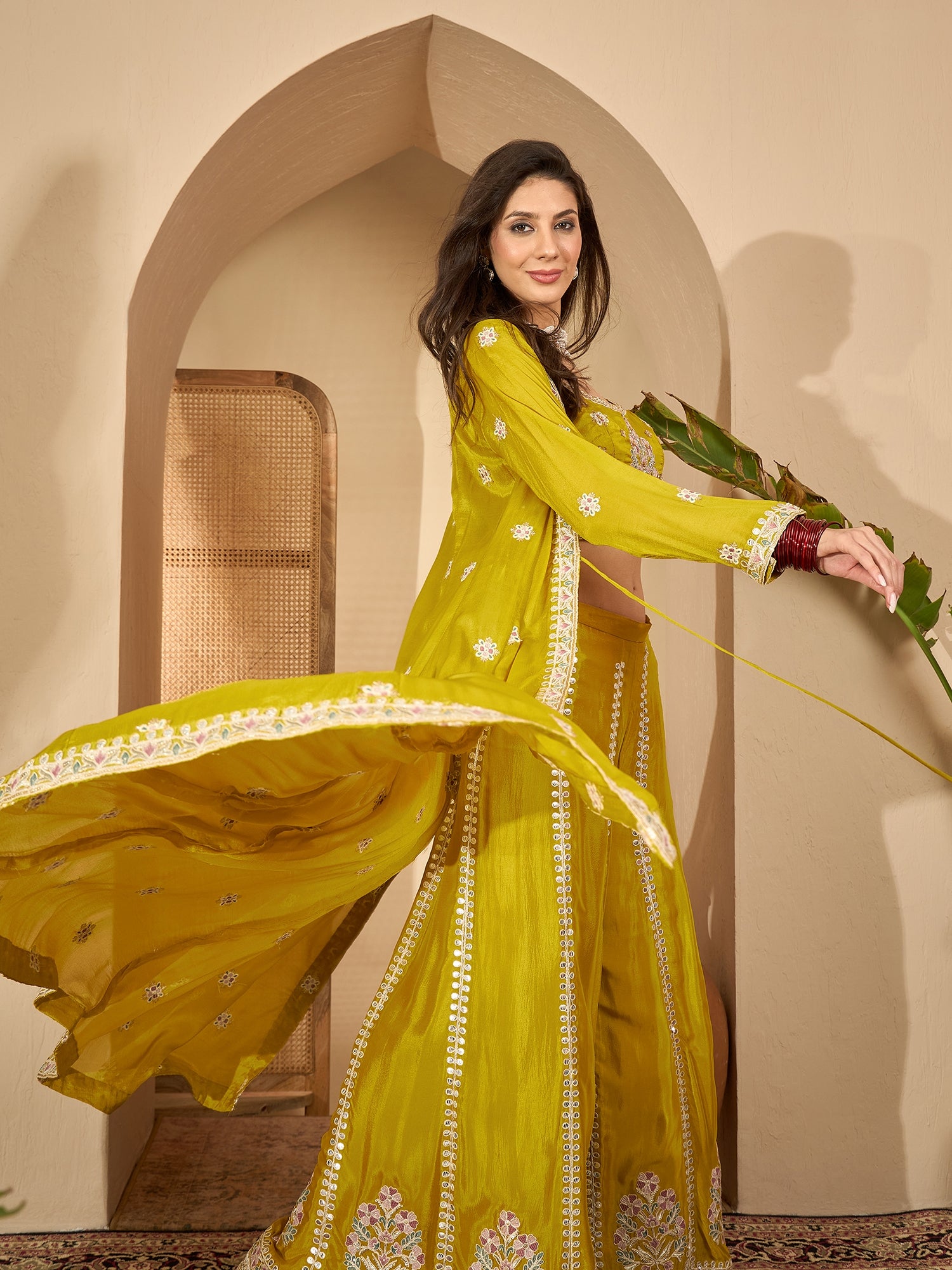 Women's Mustard Solid & Embroidered Chinon Co-Ord Set