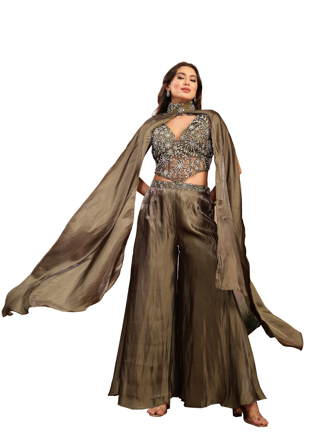 Women's Olive Solid & Embroidered Organza Co-Ord Set
