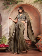 Women's Olive Solid & Embroidered Organza Co-Ord Set