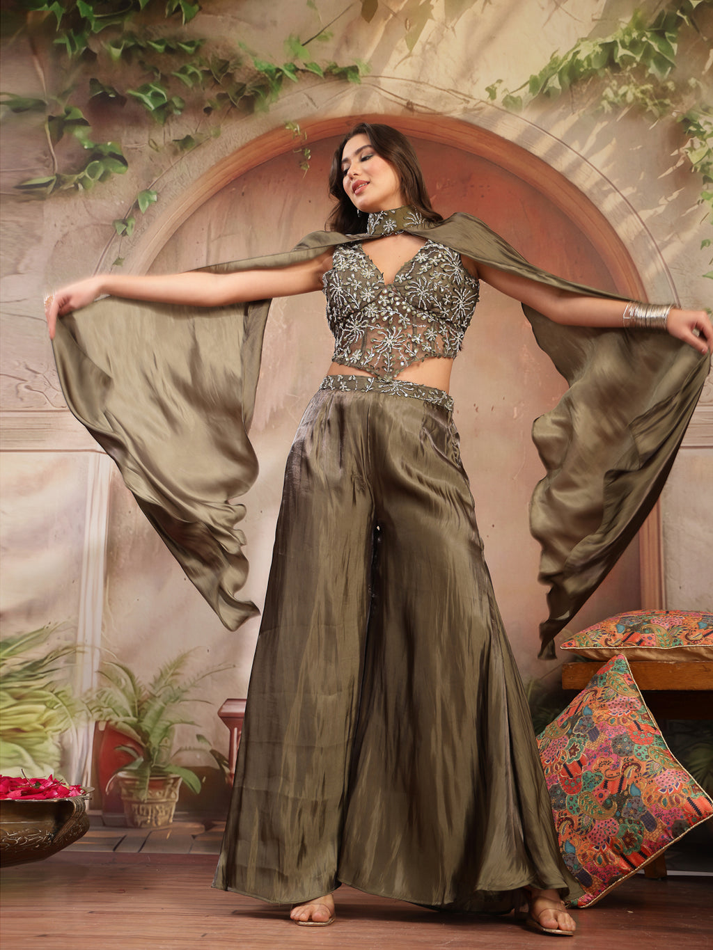 Women's Olive Solid & Embroidered Organza Co-Ord Set