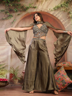 Women's Olive Solid & Embroidered Organza Co-Ord Set
