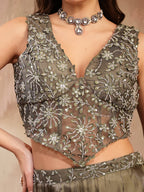 Women's Olive Solid & Embroidered Organza Co-Ord Set