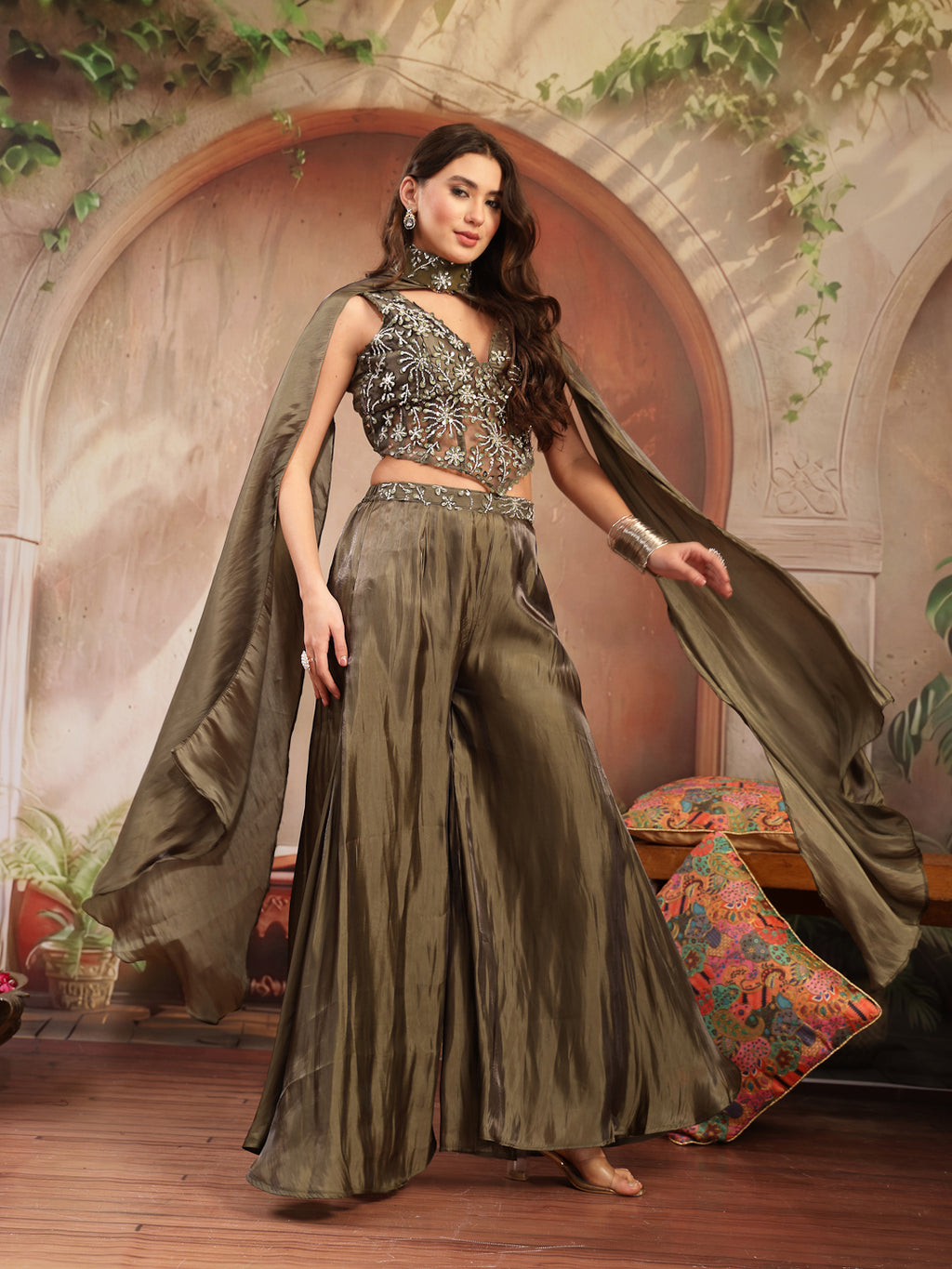 Women's Olive Solid & Embroidered Organza Co-Ord Set