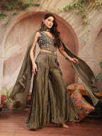 Women's Olive Solid & Embroidered Organza Co-Ord Set