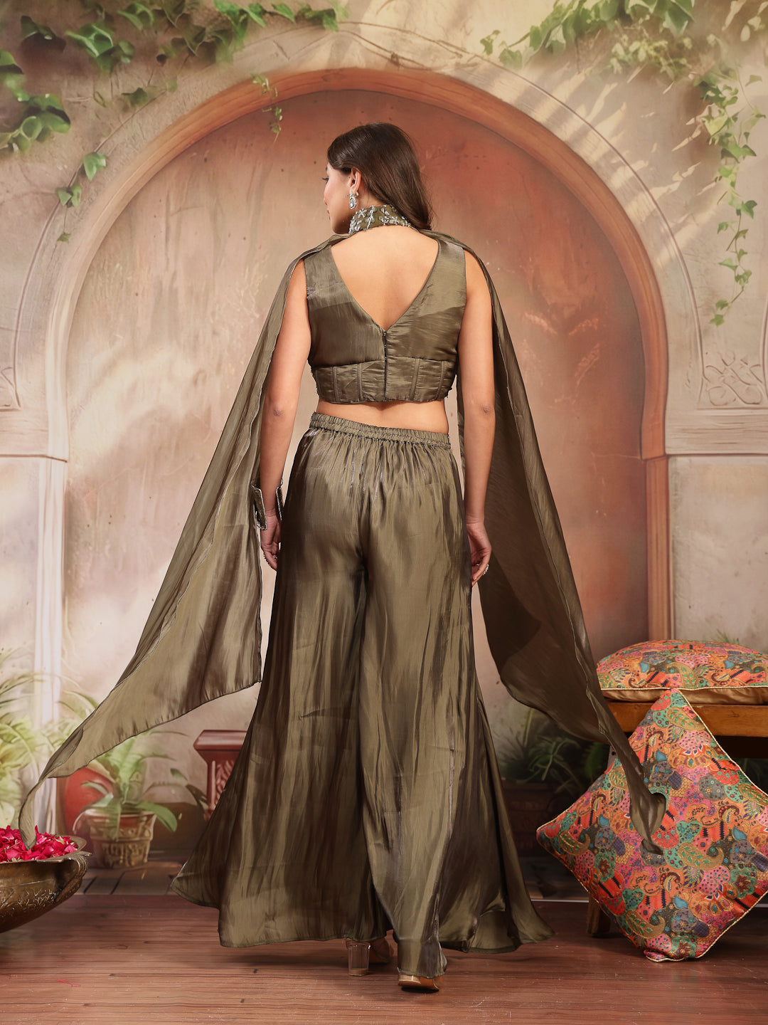 Women's Olive Solid & Embroidered Organza Co-Ord Set