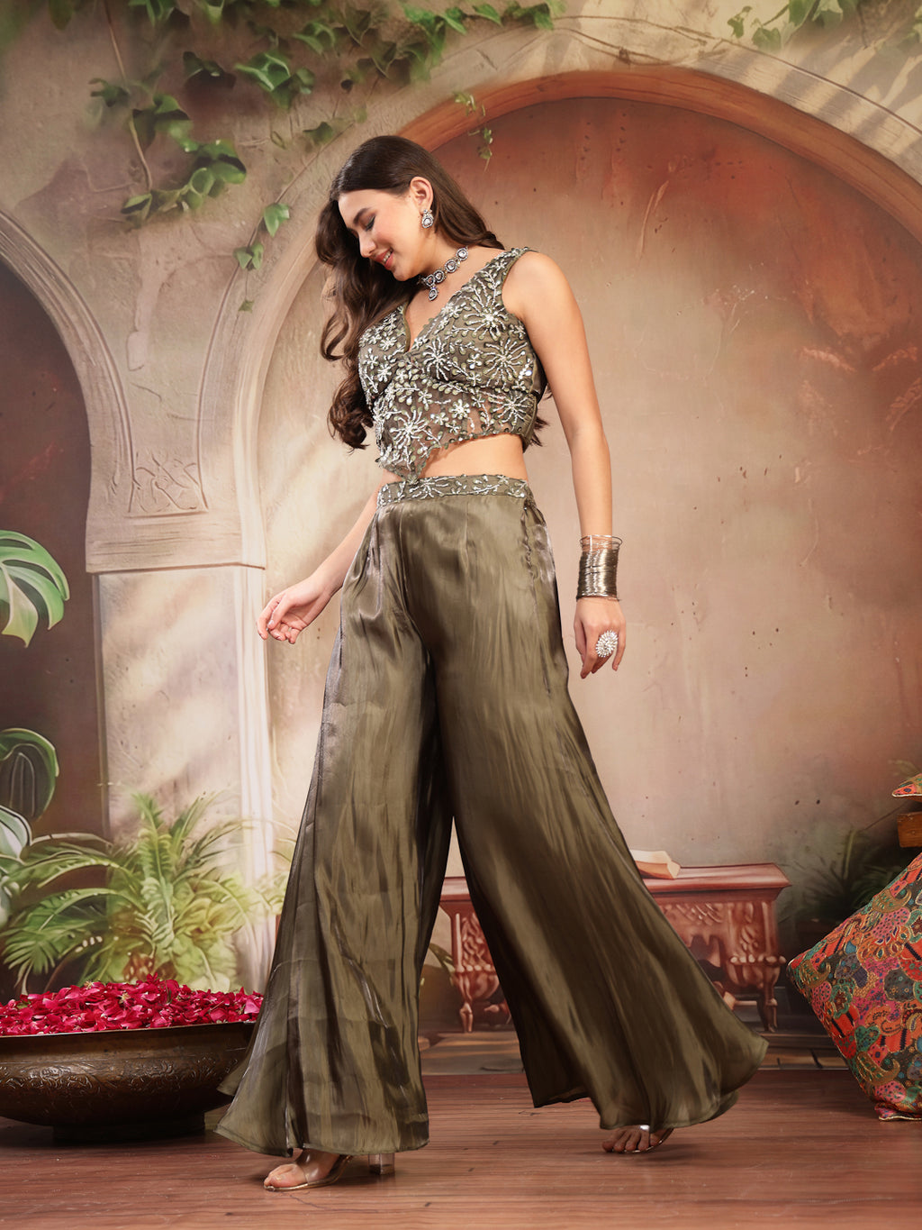 Women's Olive Solid & Embroidered Organza Co-Ord Set