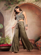 Women's Olive Solid & Embroidered Organza Co-Ord Set