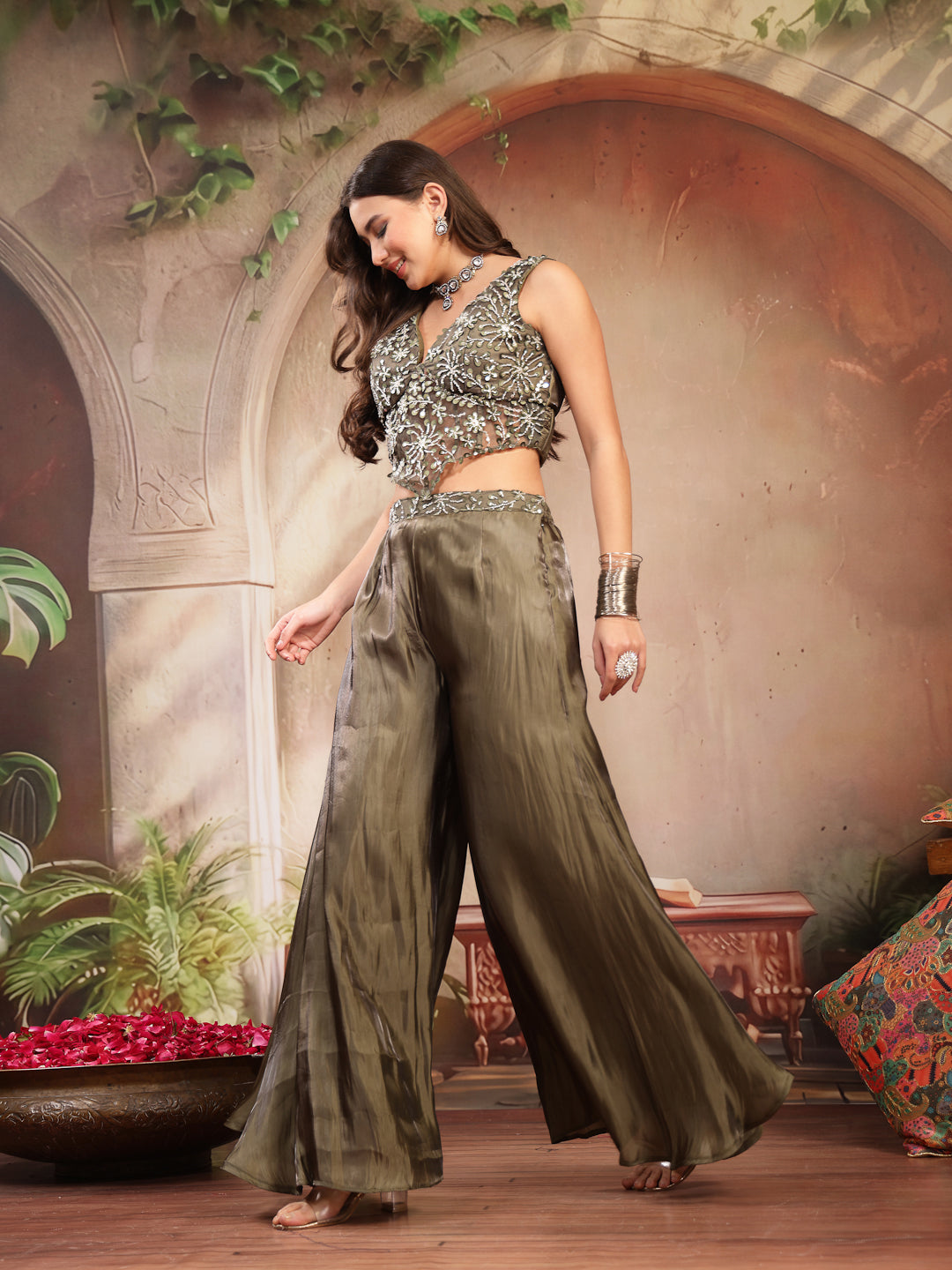 Women's Olive Solid & Embroidered Organza Co-Ord Set