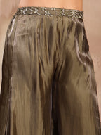 Women's Olive Solid & Embroidered Organza Co-Ord Set