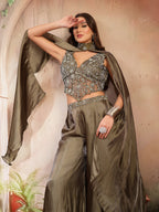 Women's Olive Solid & Embroidered Organza Co-Ord Set