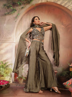 Women's Olive Solid & Embroidered Organza Co-Ord Set