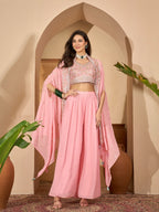 Women's Peach Solid & Embroidered Georgette Co-Ord Set