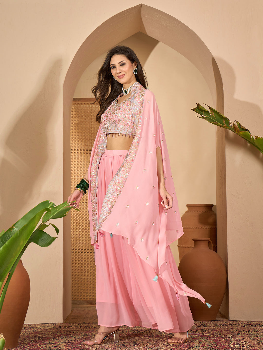 Women's Peach Solid & Embroidered Georgette Co-Ord Set