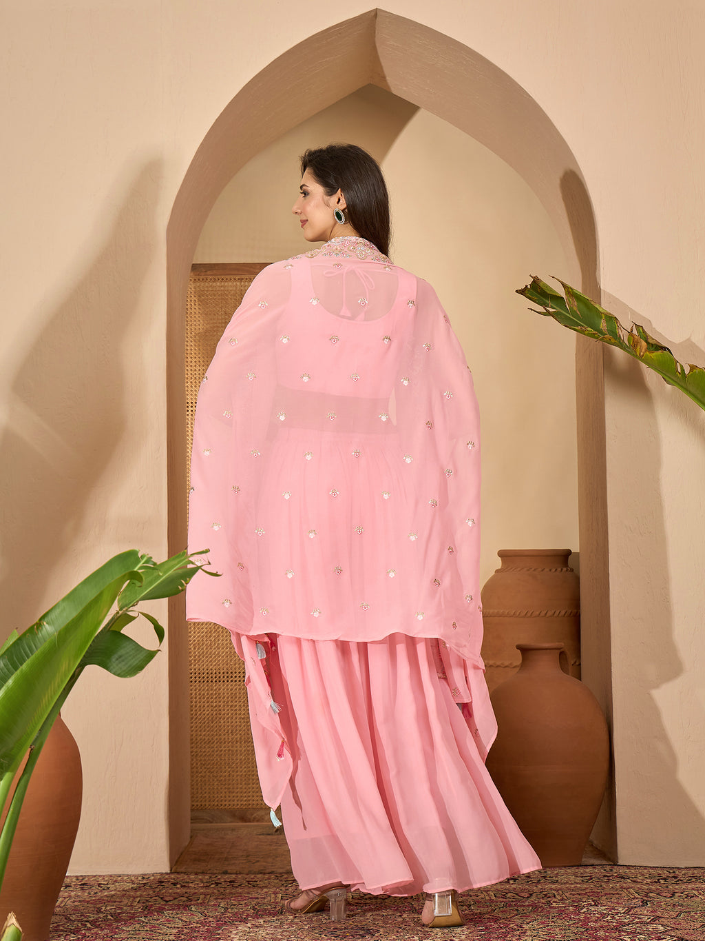 Women's Peach Solid & Embroidered Georgette Co-Ord Set