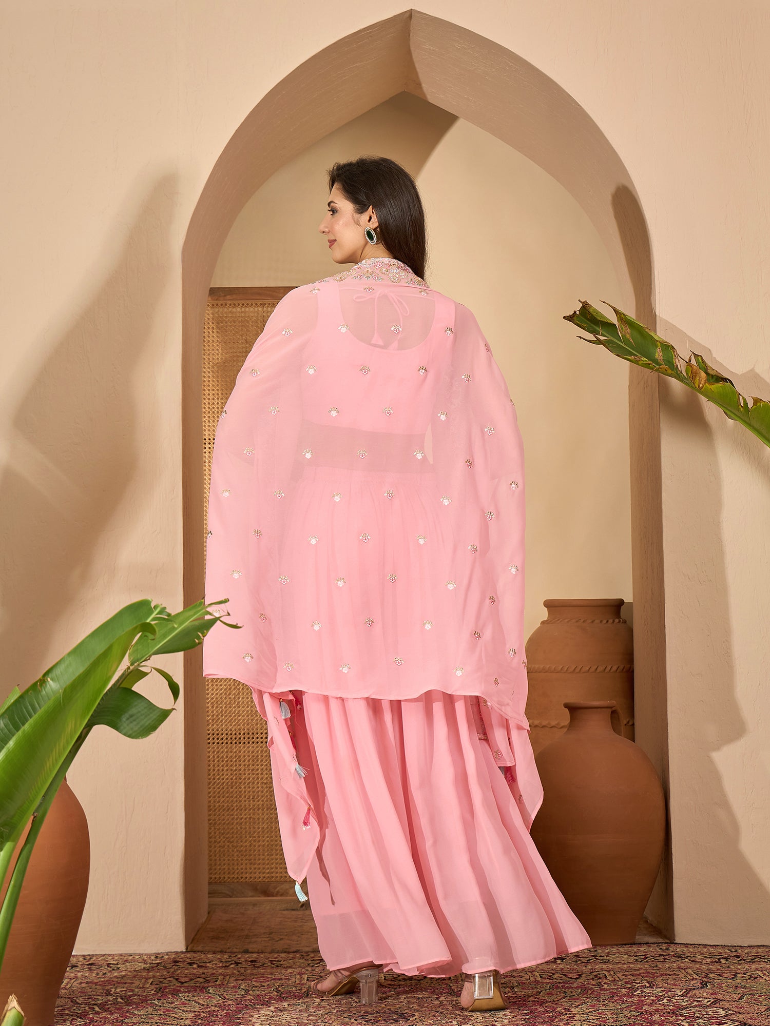 Women's Peach Solid & Embroidered Georgette Co-Ord Set