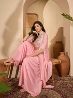 Women's Peach Solid & Embroidered Georgette Co-Ord Set