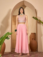 Women's Peach Solid & Embroidered Georgette Co-Ord Set