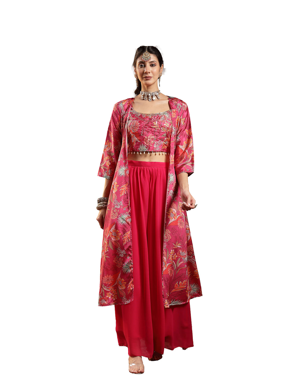 Women's Pink Floral Printed & Embroidered Silk Blend Co-Ord Set