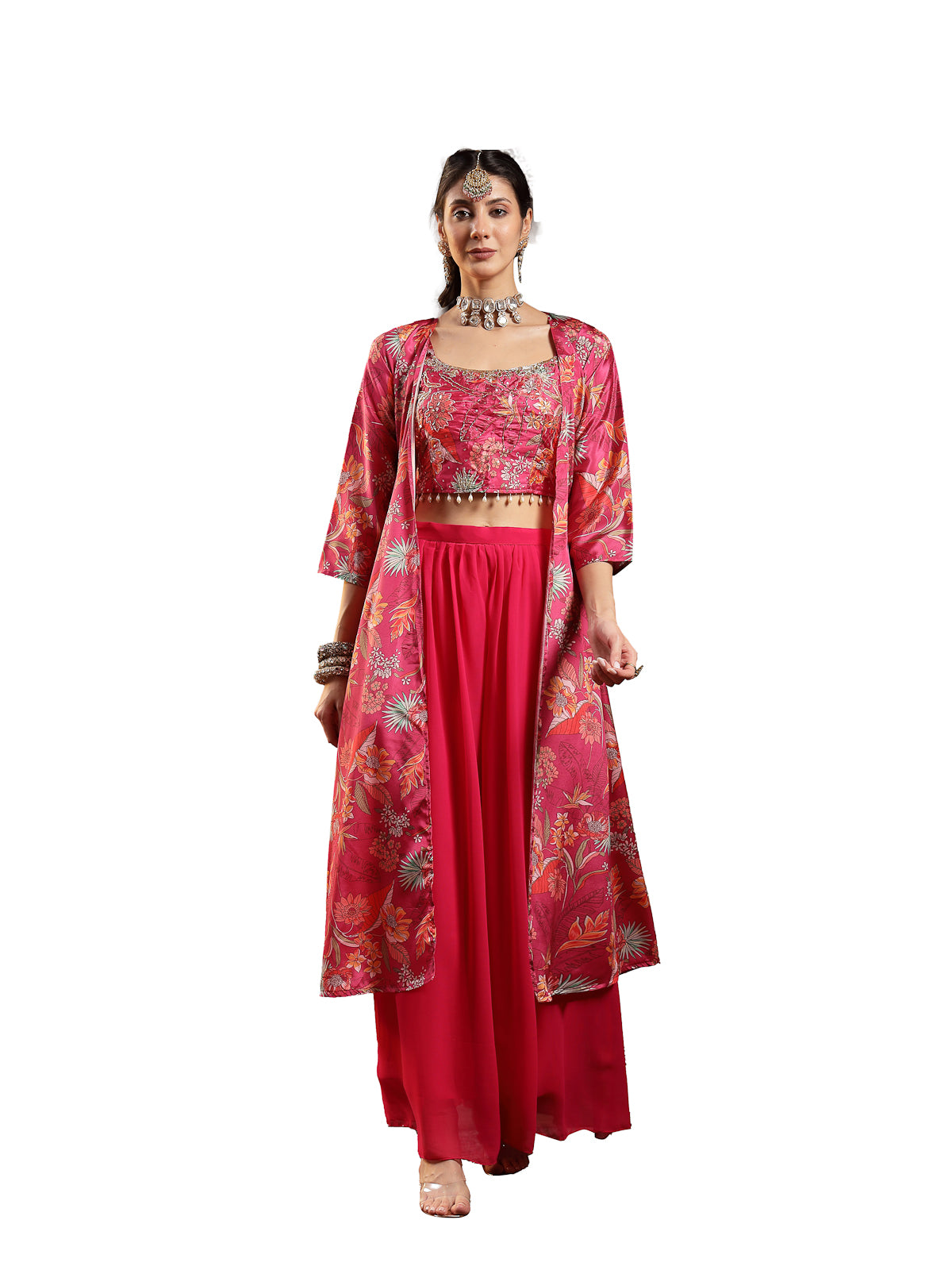 Women's Pink Floral Printed & Embroidered Silk Blend Co-Ord Set