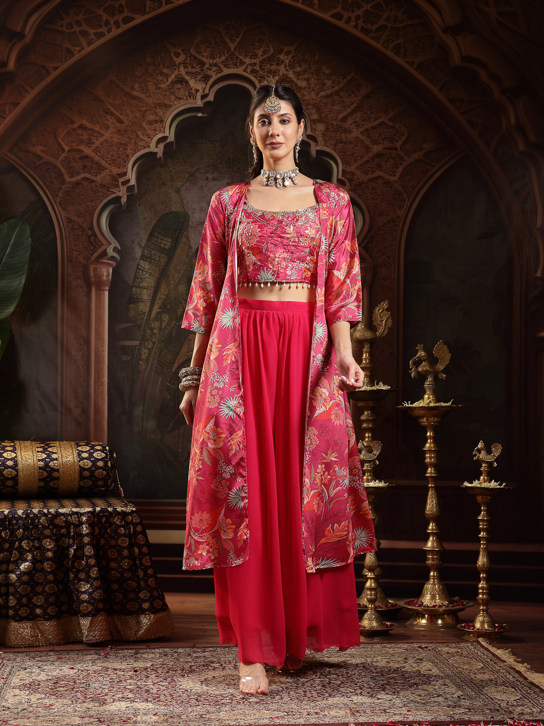 Women's Pink Floral Printed & Embroidered Silk Blend Co-Ord Set