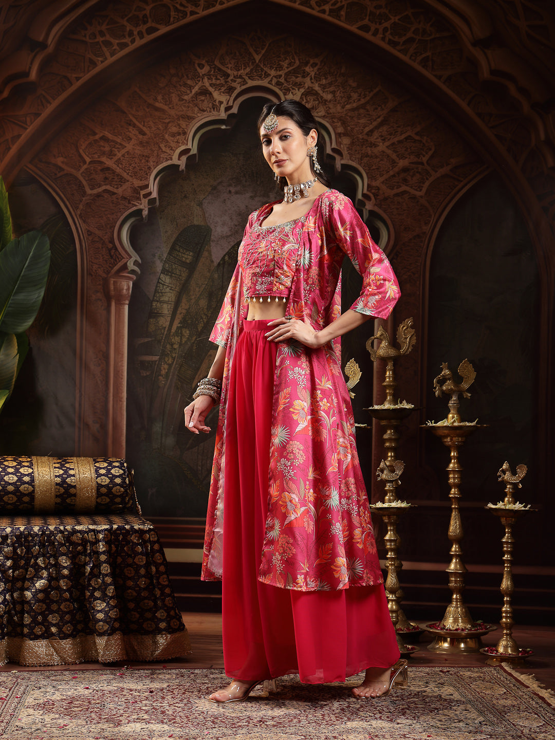 Women's Pink Floral Printed & Embroidered Silk Blend Co-Ord Set