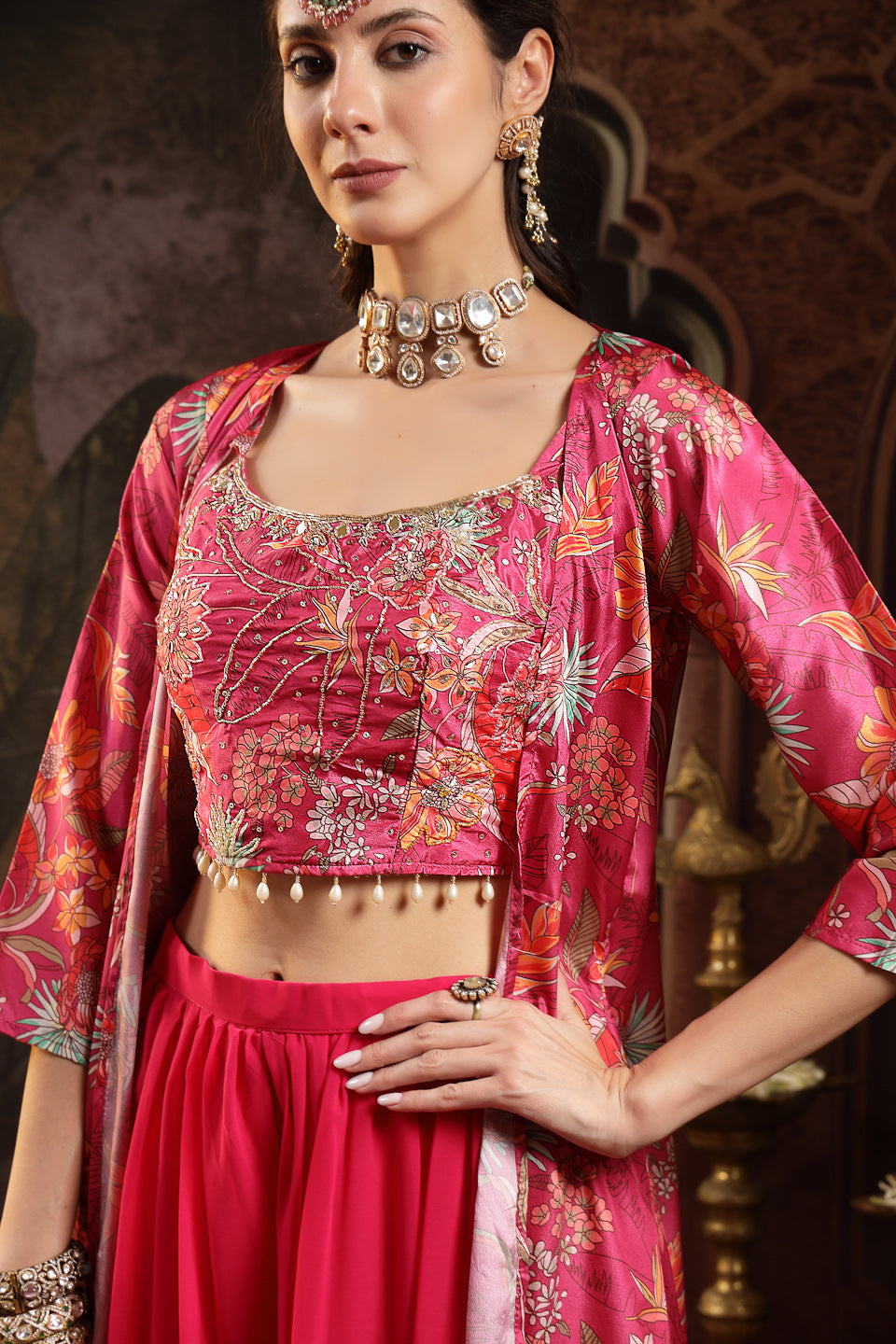 Women's Pink Floral Printed & Embroidered Silk Blend Co-Ord Set