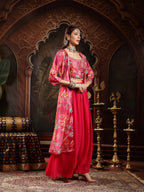 Women's Pink Floral Printed & Embroidered Silk Blend Co-Ord Set