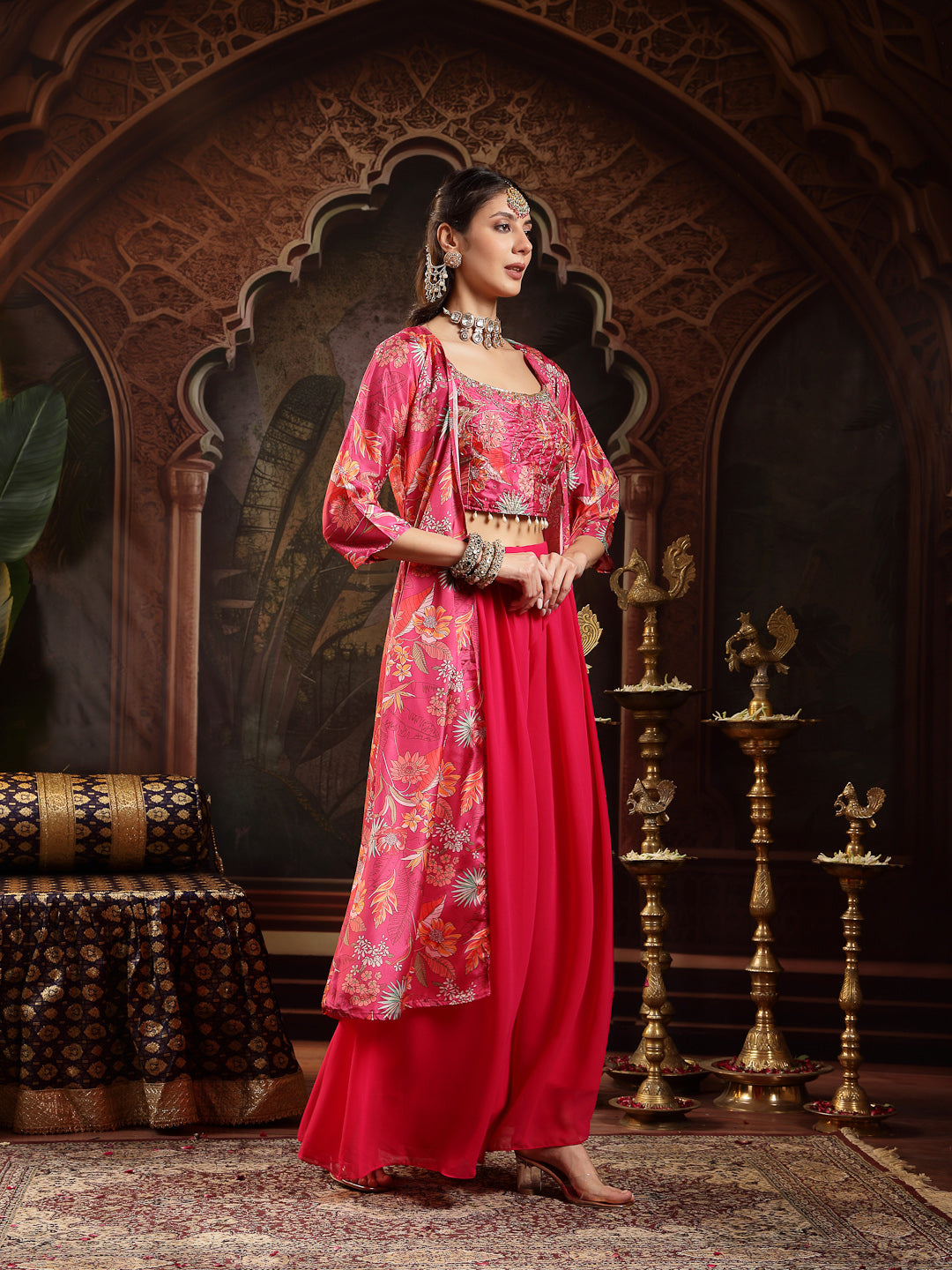 Women's Pink Floral Printed & Embroidered Silk Blend Co-Ord Set