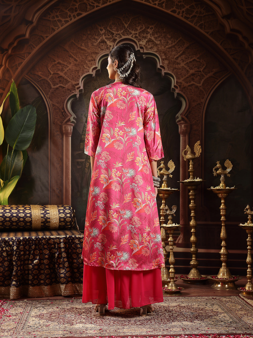 Women's Pink Floral Printed & Embroidered Silk Blend Co-Ord Set