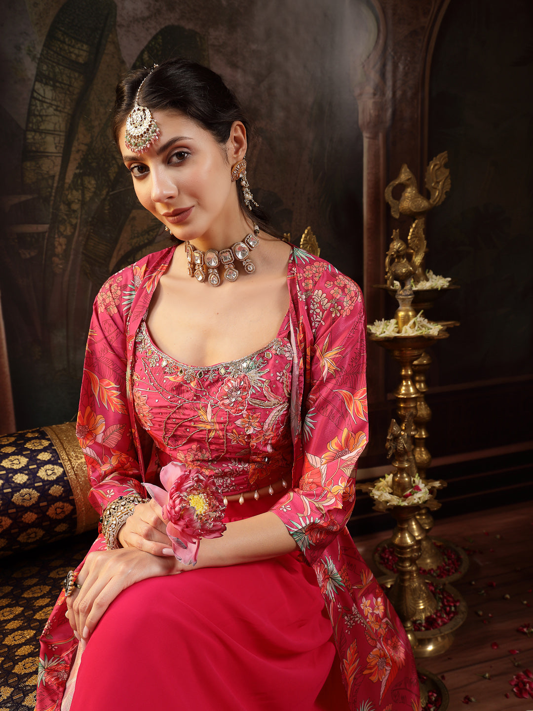 Women's Pink Floral Printed & Embroidered Silk Blend Co-Ord Set