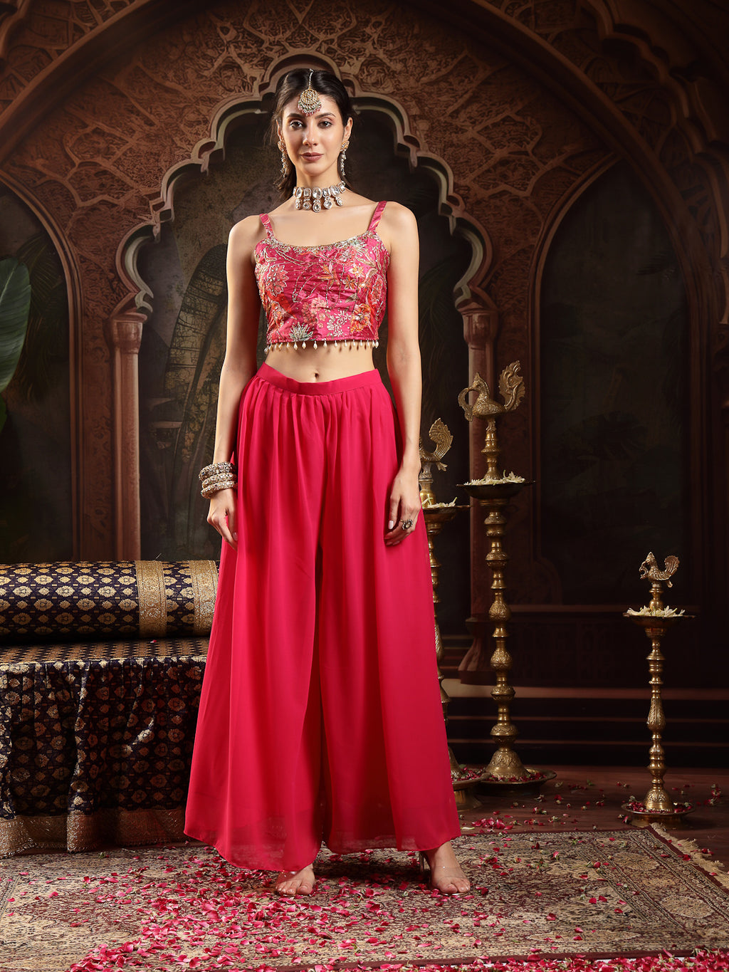 Women's Pink Floral Printed & Embroidered Silk Blend Co-Ord Set