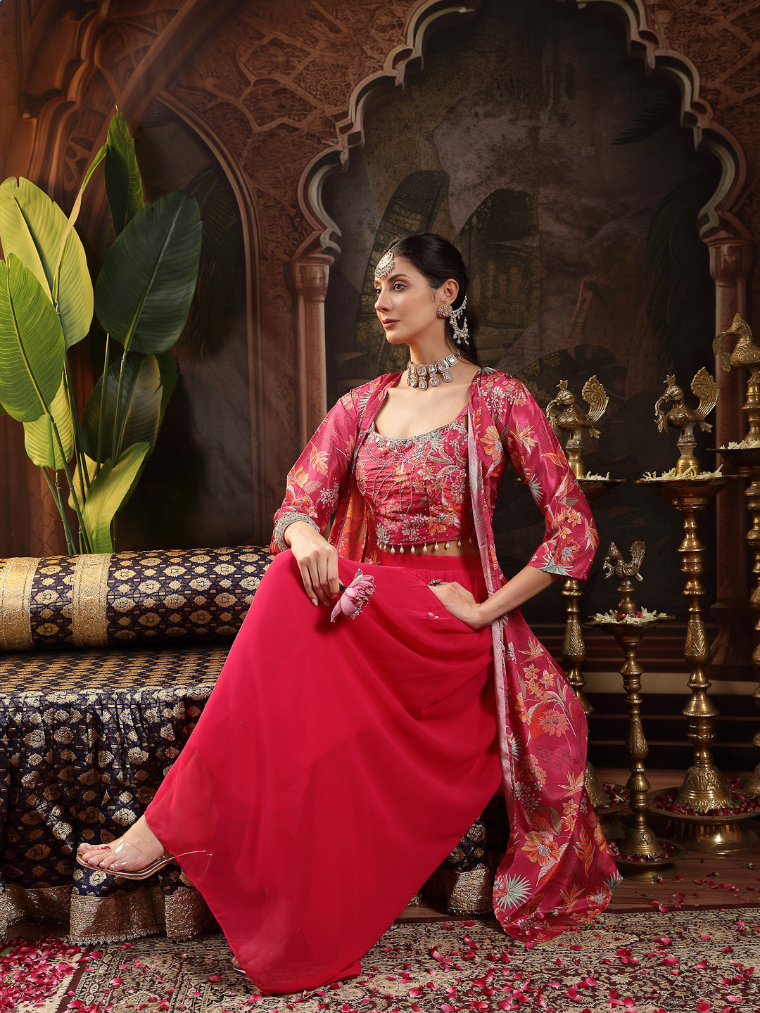 Women's Pink Floral Printed & Embroidered Silk Blend Co-Ord Set