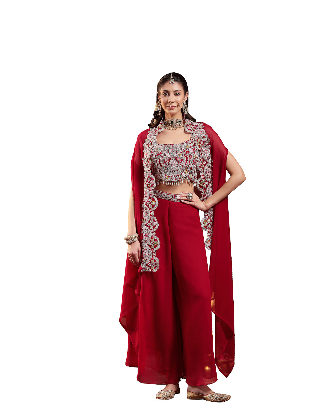 Women's Pink Solid & Embroidered Georgette Co-ord Set